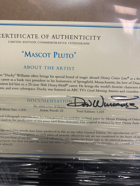 Mascot Pluto- Framed Lithograph By Don "Ducky" Williams - Signed Certificate Inspired by Disney Cruise Line