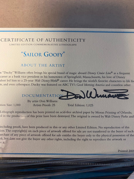 Sailor Goofy - Framed Lithograph By Don "Ducky" Williams - Signed Certificate Inspired by Disney Cruise Line