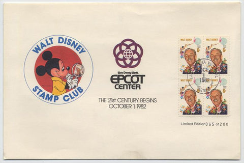 Walt Disney Stamp Club Limited Ed (200) Epcot Center Cover w/4 Walt Disney Stamps