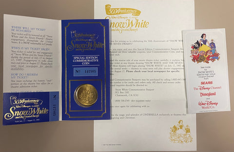 Disney 1987 50th Anniversary Snow White Commemorative Passport Ticket & Coin