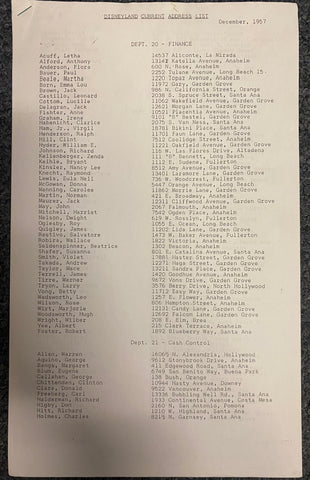 Disneyland 1957 Employee Address List Vintage Disneyana Original Paperwork
