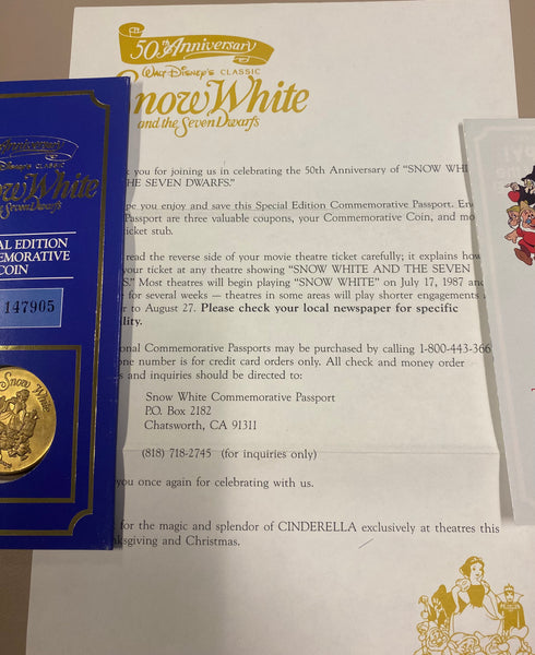 Disney 1987 50th Anniversary Snow White Commemorative Passport Ticket & Coin