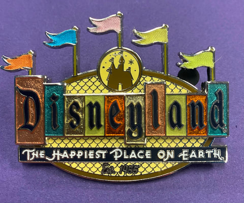 Disney Retro Disneyland 50th Happiest Place on Earth Sign Marquee Flag Pin 2005