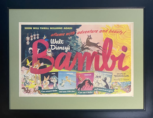Vintage 1948 Bambi Re-Release Movie Framed Full Page Magazine Ad 18 x24