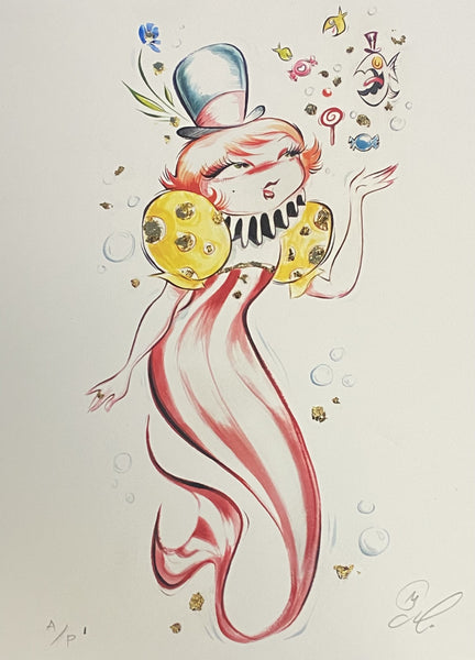 Candy To A Fish Framed Large Print by Miss Mindy - Hand Embellished - Gold Foil