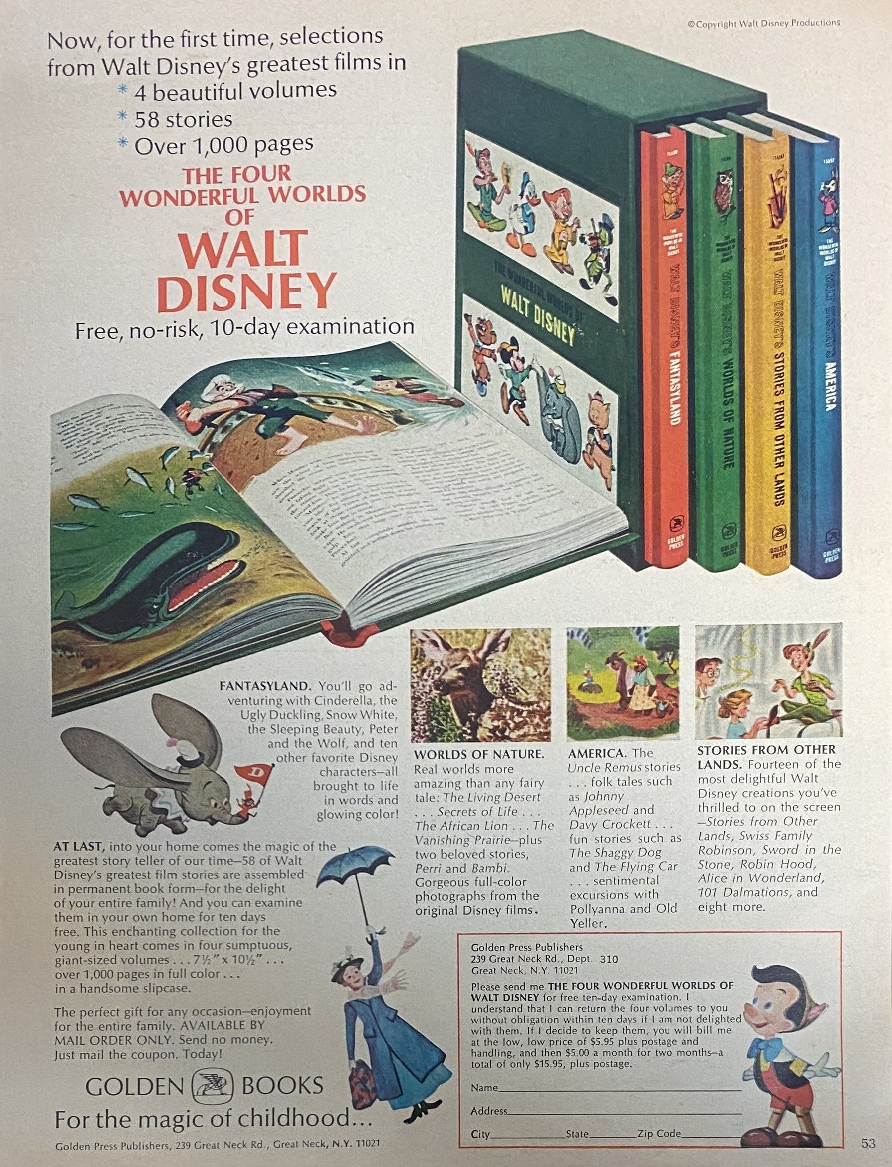 Vintage 1965 Four Worlds of Walt Disney Books Framed Ad 11x14
