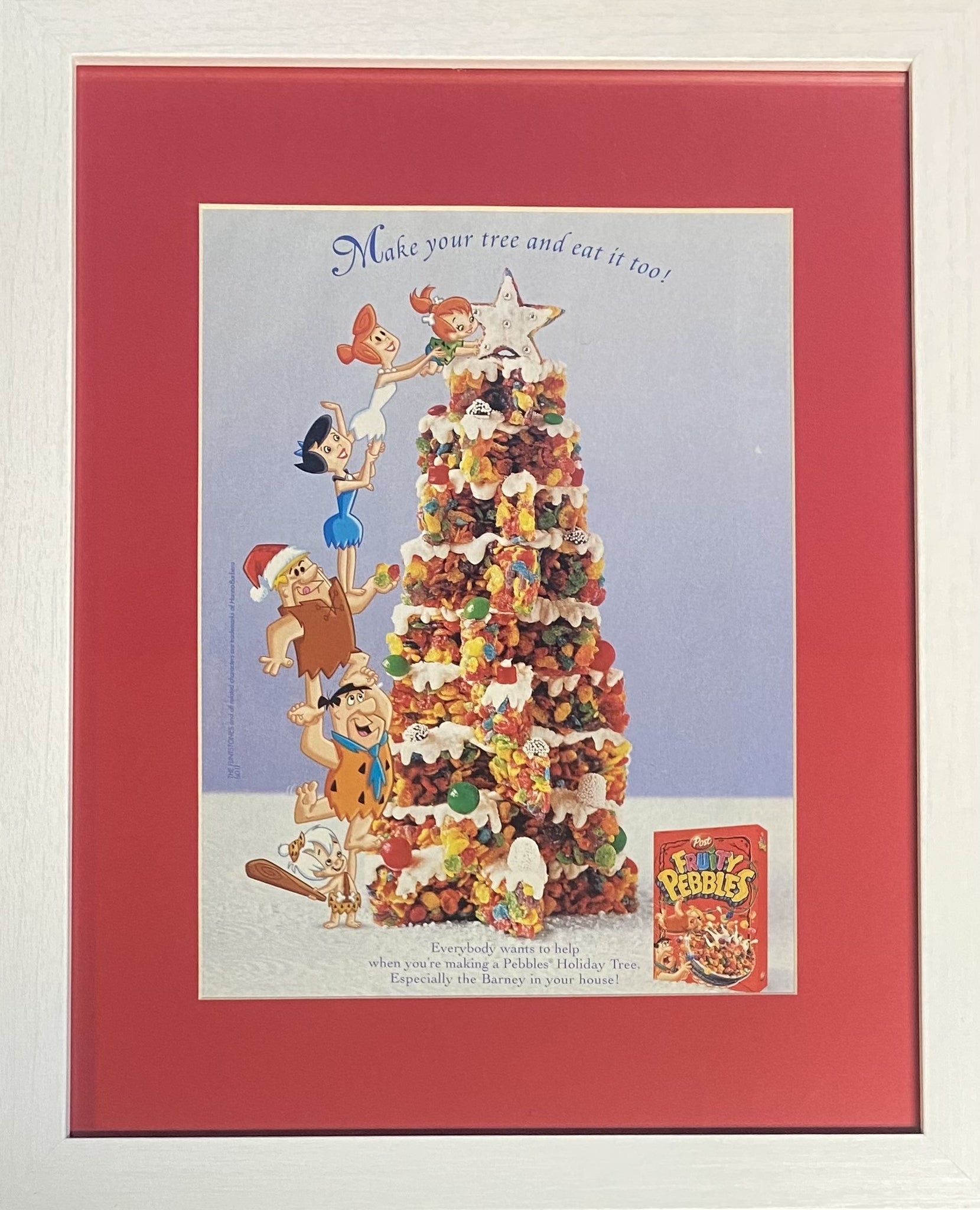 Vintage 1991 Fruity Pebbles Christmas Tree Flintstones Magazine Framed Ad 11x14