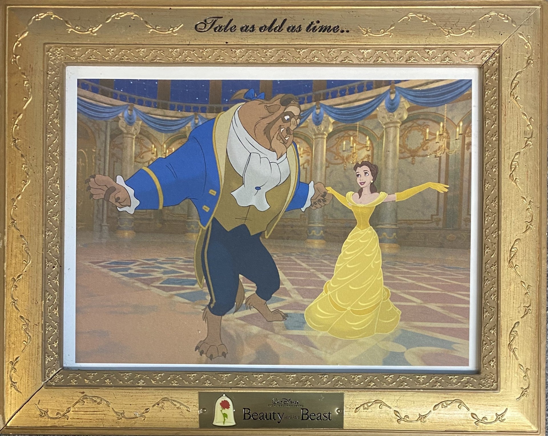 Vintage Beauty and the Beast Gold Framed Lithograph Signed By Paige O'Hara 11x14 Belle and Beast Dancing