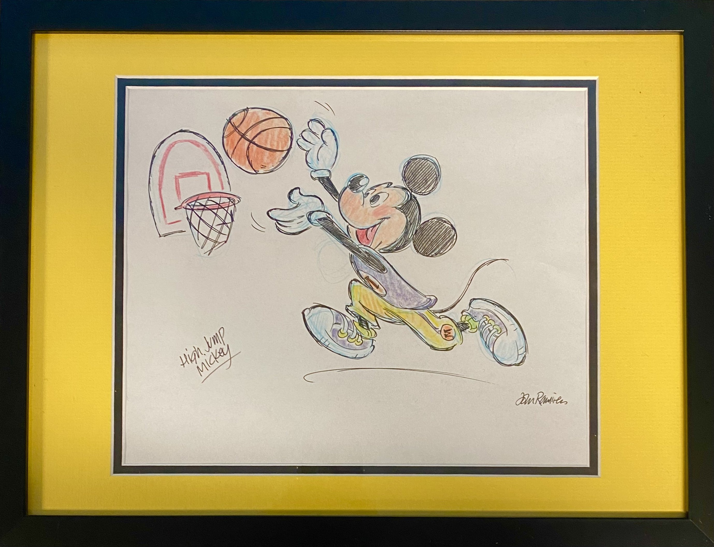 Basketball Mickey Mouse I Original Drawing By Animator John Ramirez Framed