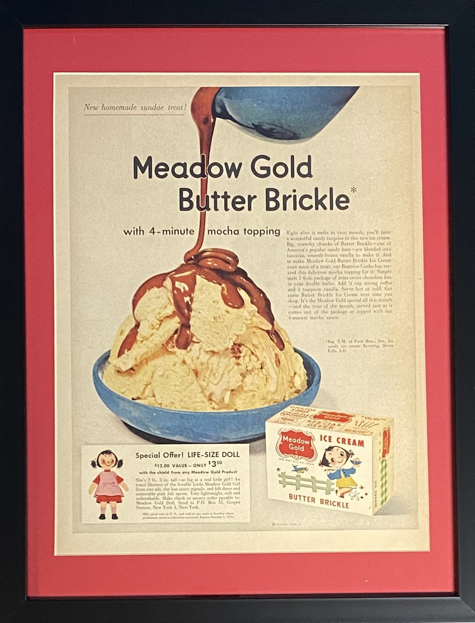 Vintage 1950s Mary Blair Designed Meadow Gold Butter Brickle Framed Magazine Ad