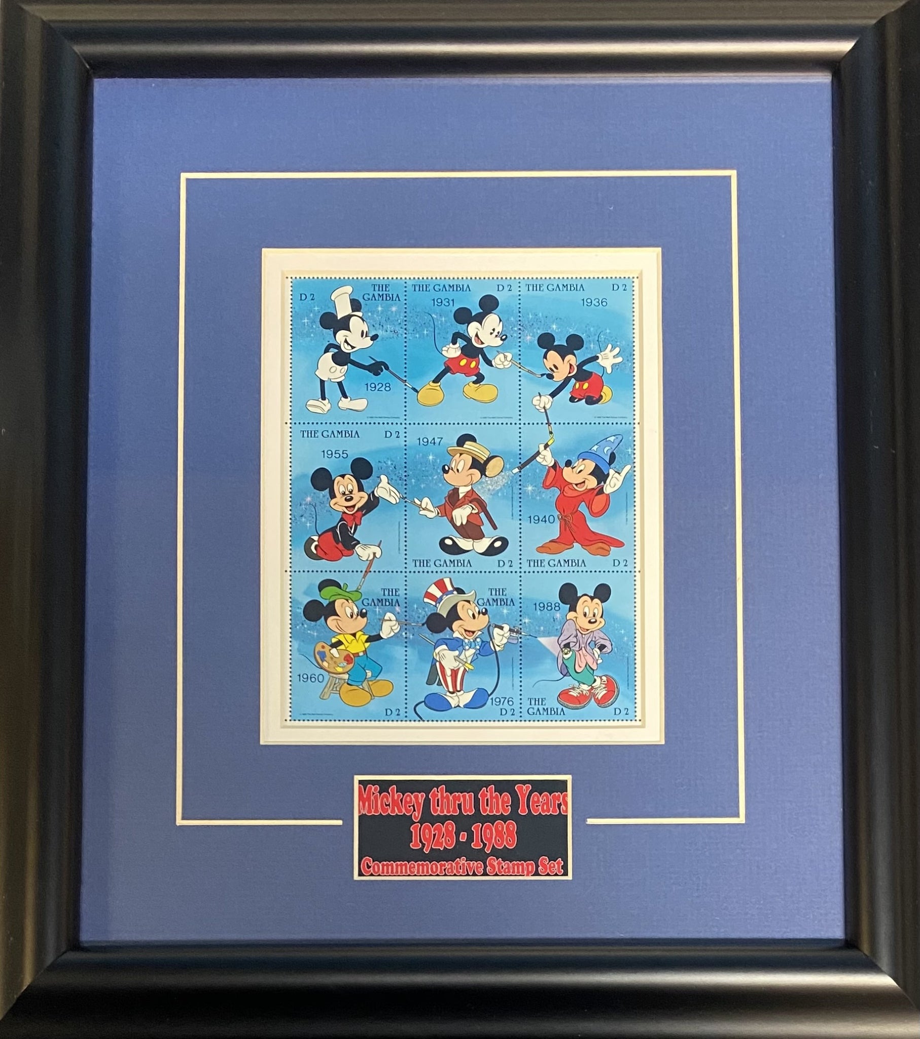 Mickey Thru The Years Framed Stamp Set 1928-1988 The Gambia Disney 12.5 x 10.5