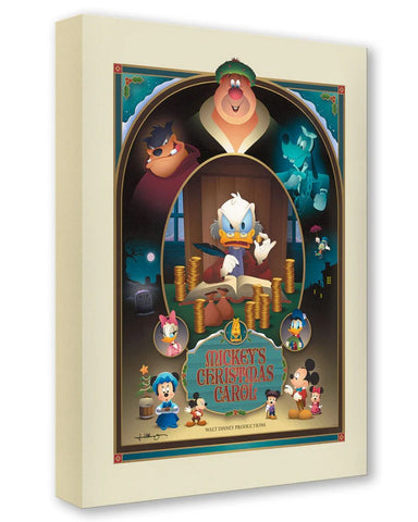 Mickey's Christmas Carol by Jerrod Maruyama Treasure On Canvas featuring Scrooge, Mickey, Minnie, Donald, and Daisy