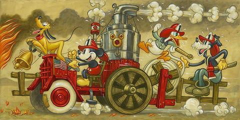 Mickey's Fire Brigade by Tim Rogerson featuring Mickey, Goofy, Donald, and Pluto