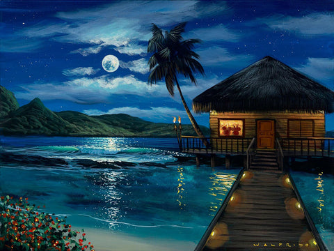 Moonlit Bungalow by Walfrido Garcia - Giclée on Canvas - Featuring Mickey and Minnie Mouse