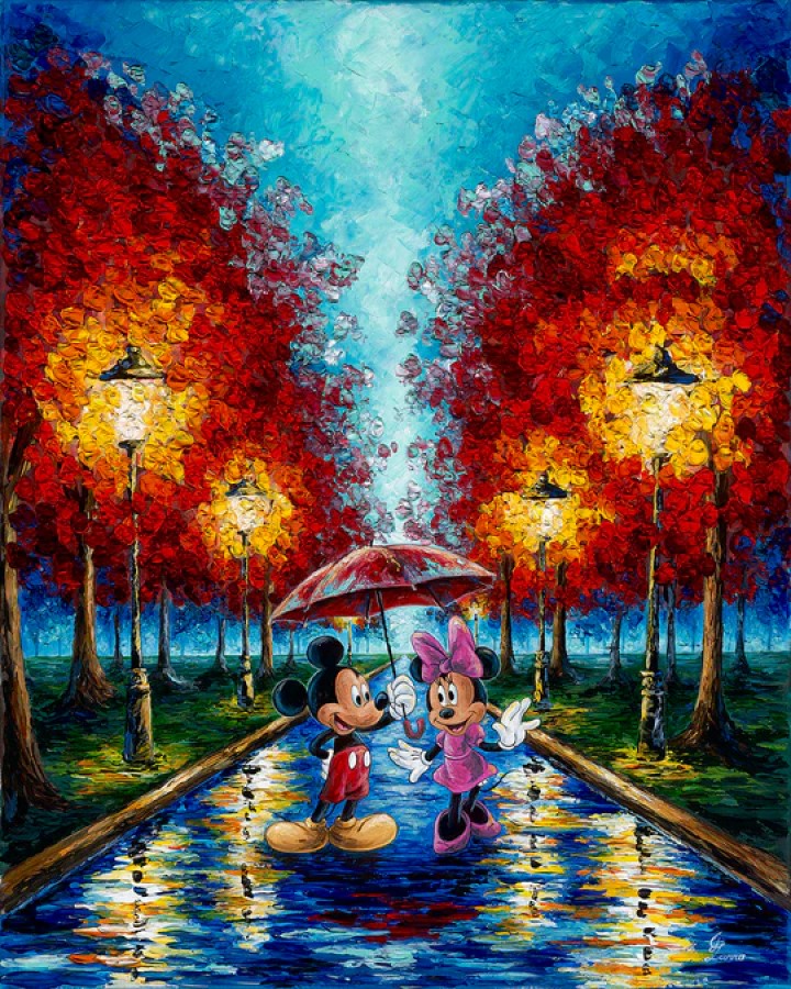 Street Lights and Rainy Nights by Jennifer Lanna Limited Edition On Canvas Featuring Mickey and Minnie Mouse