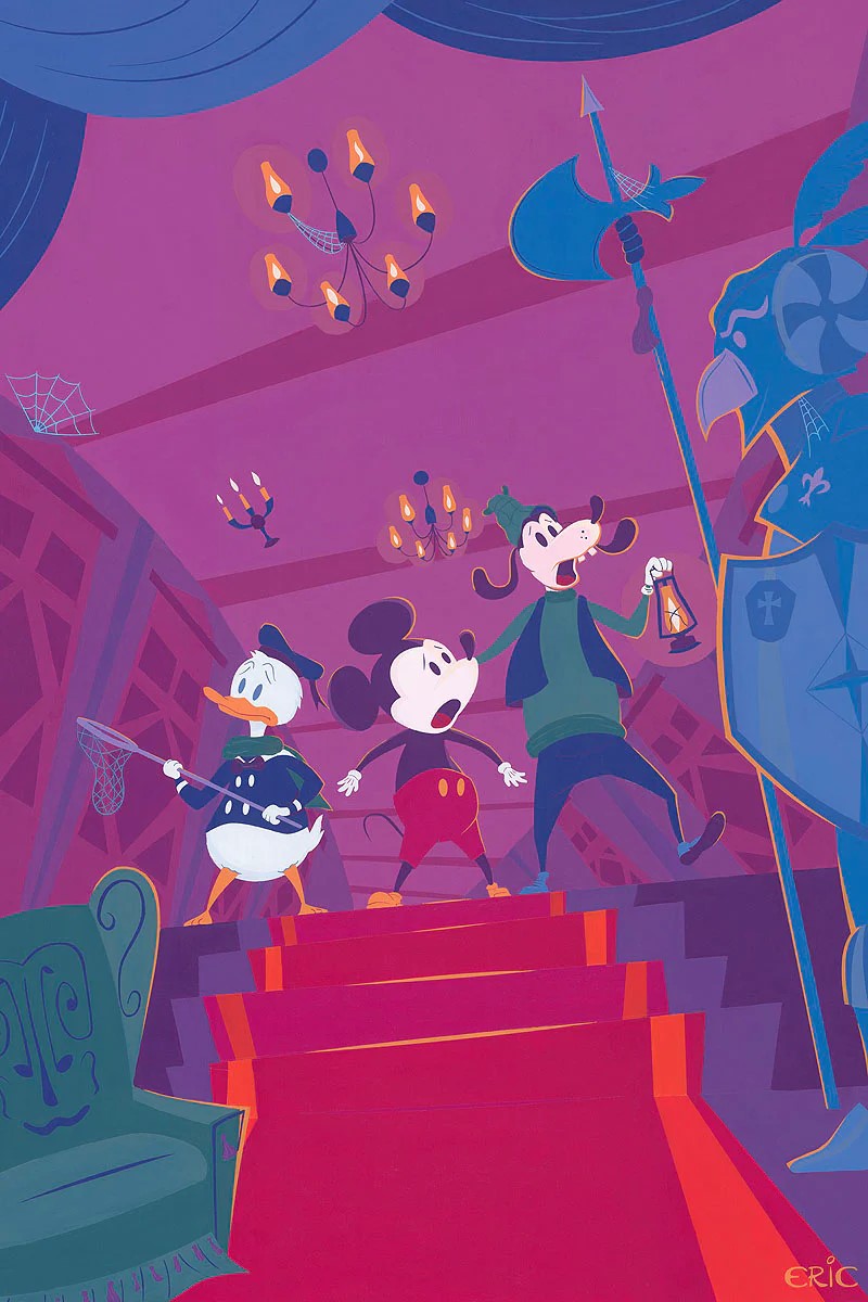 The Endless Hallway of Spooks by Eric Doggett Limited Editions featuring Mickey, Donald, and Goofy