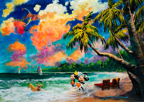 Together In Paradise by James Coleman - Giclée On Canvas Featuring Mickey Mouse and Minnie Mouse