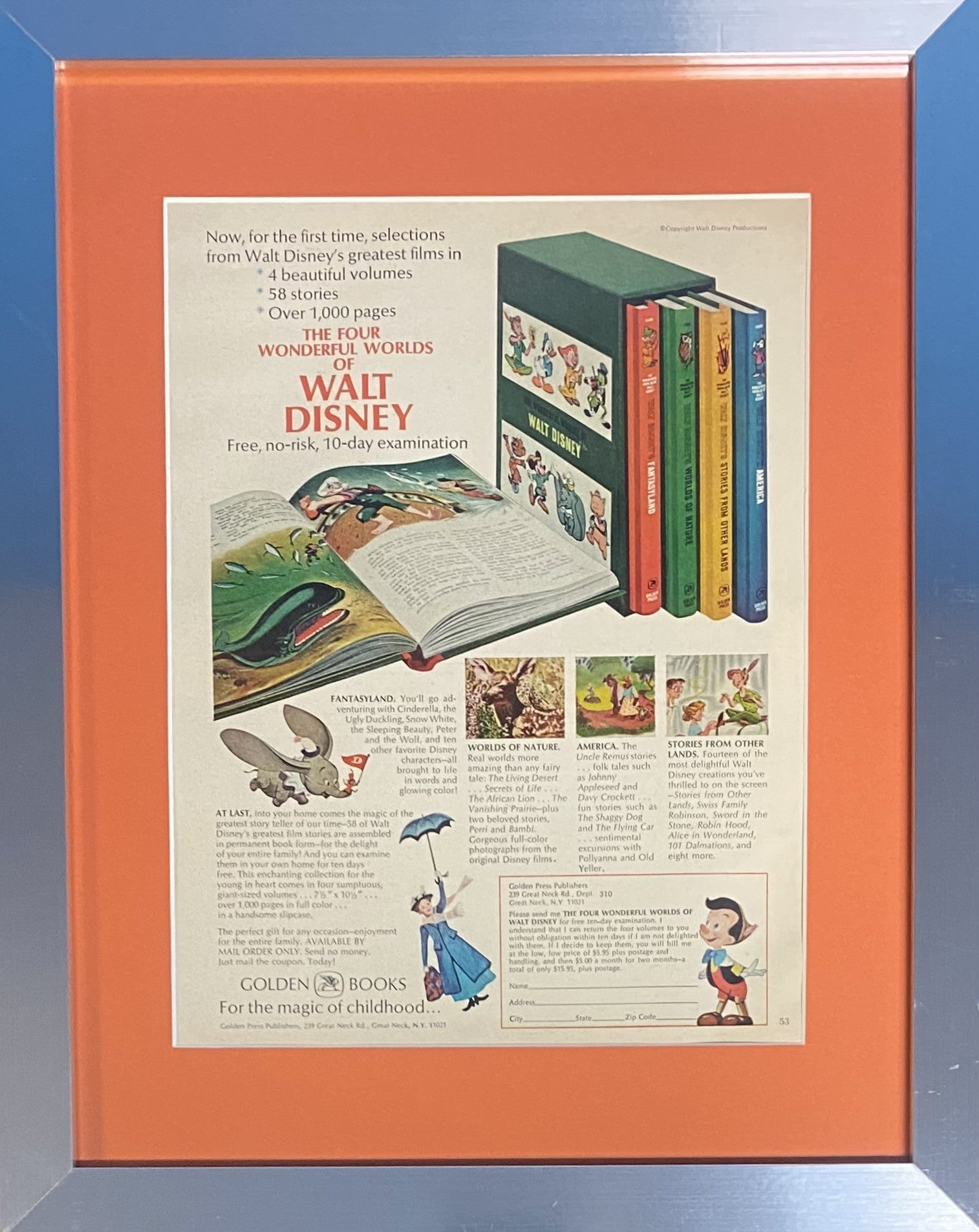 Vintage 1965 Four Worlds of Walt Disney Books Framed Ad 11x14