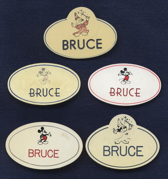 5 Disney "BRUCE" NAME BADGES Issued to Imagineer BRUCE GORDON, 1980s-1990s
