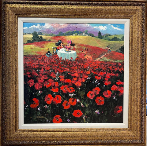 Red Poppies Framed by James Coleman featuring Mickey Mouse and Minnie Mouse