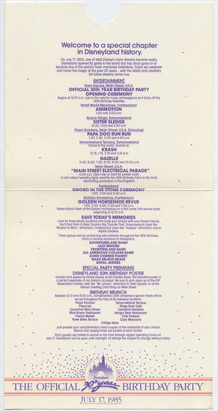 Disneyland 30th Year Birthday Party Cast Member Invitation and Program, 1985