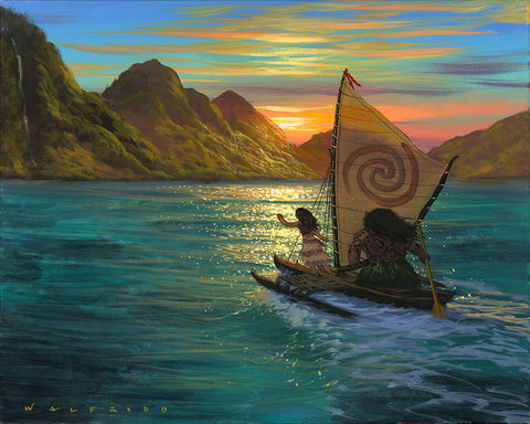 Sailing Into The Sun by Walfrido Garcia Featuring Moana and Maui
