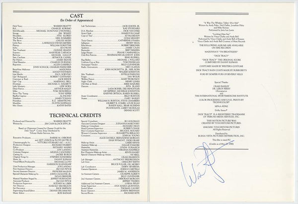 Disney Dick Tracy Cast & Crew Premiere Credits Signed by Warren Beatty 1990